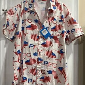 Columbia Men's Red, White, and Blue Casual Shirt